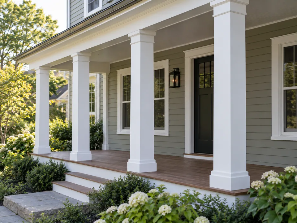 Front porch columns wrapped in white PVC trim