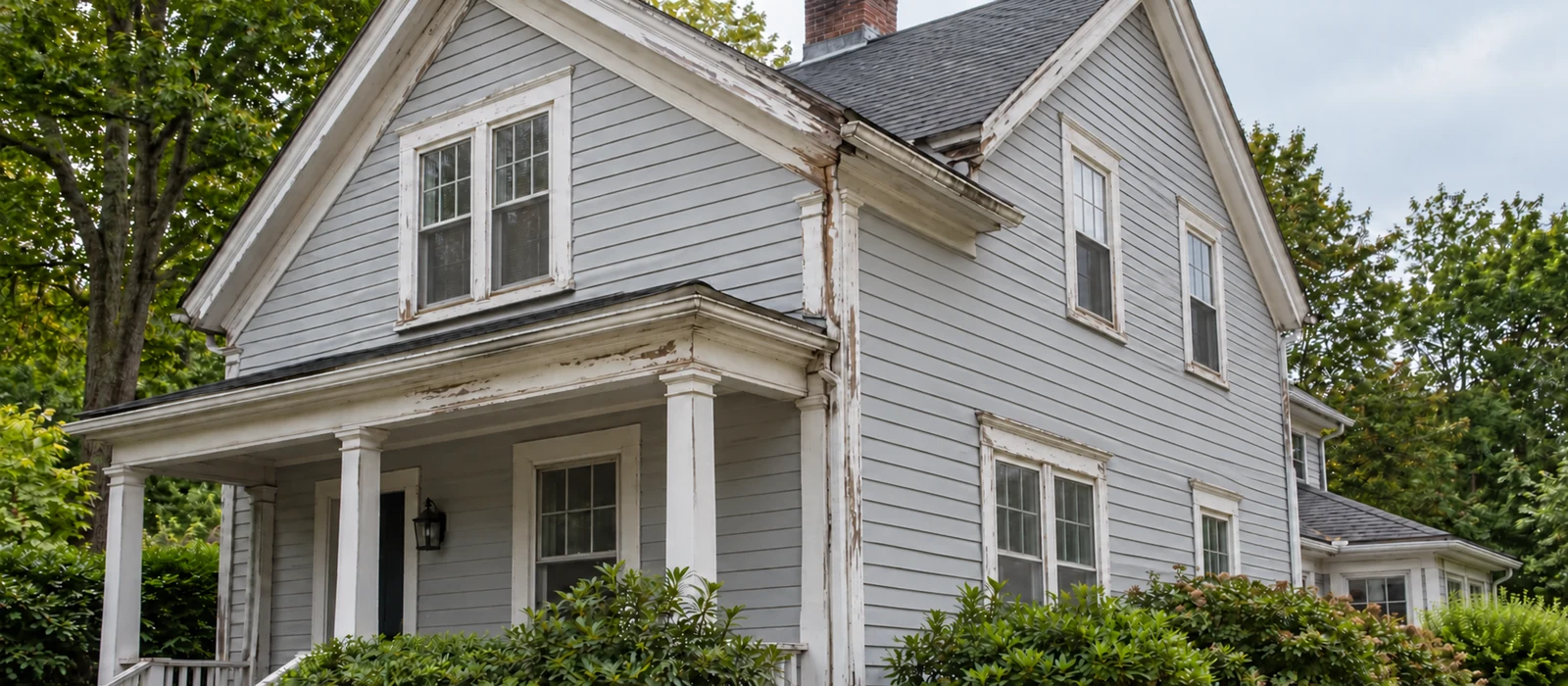 Weathered wood trim on a Massachusetts home before replacement