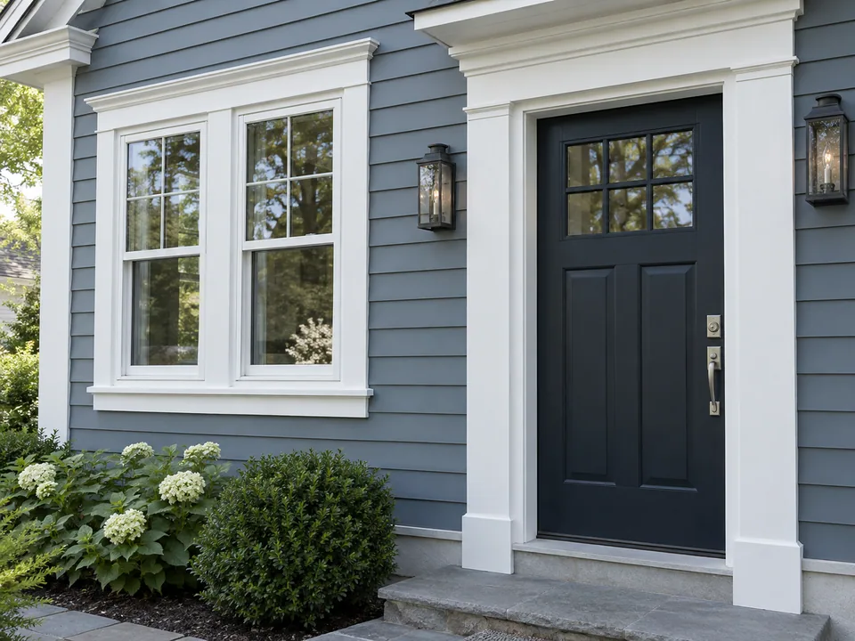 White PVC casing around exterior windows and front door